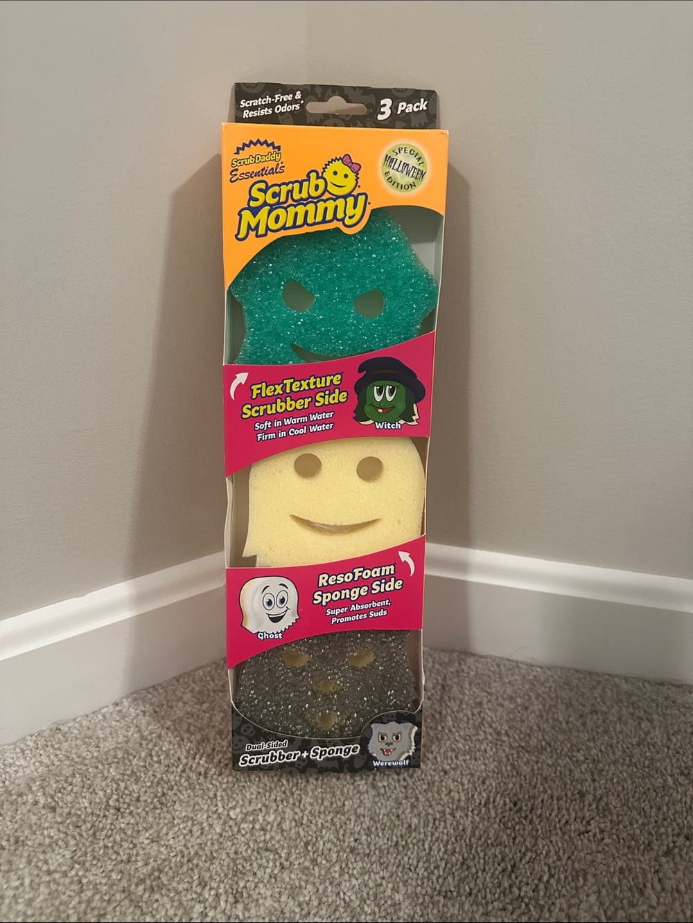 NWT Halloween Scrub Mommy  3-Pack Smiley Character Sponges ghost/witch/werewolf